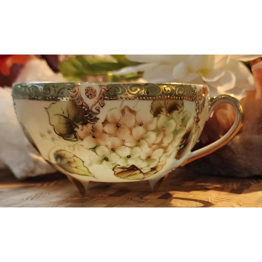 Antique Nippon Footed Teacup Hand Painted Floral Porcelain Gold Gilt Moriage Cup